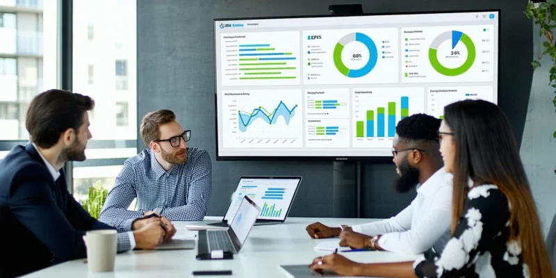 A business team in a modern office reviewing ERP software options on a screen with charts and checklists visible-Mar-25-2025-09-52-56-1377-PM